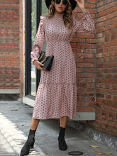 Women’s Polka Dot Smocked Long Sleeve Ruffle Neckline Tiered Skirt Dress