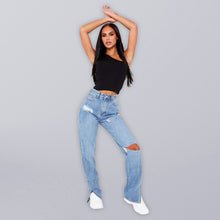 Women's Highly Desirable Ripped High Waist Ankle Slits Straight Leg Jeans