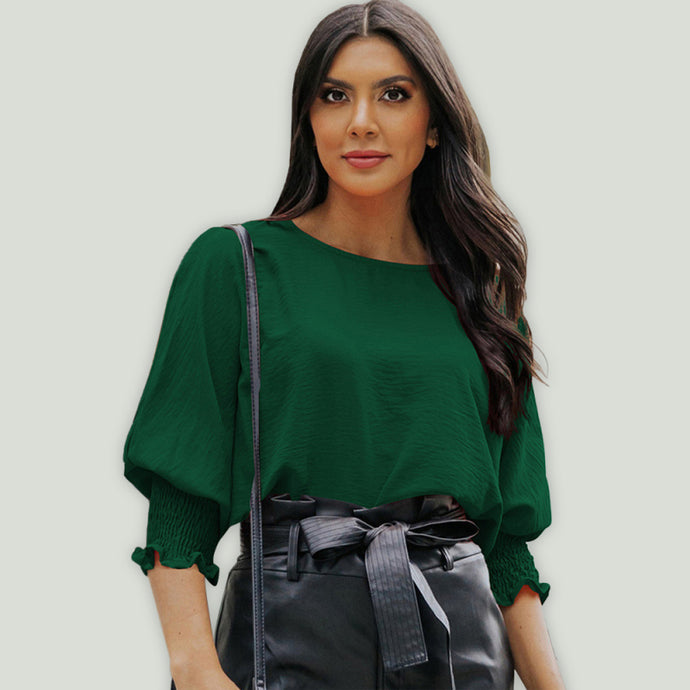Women’s Solid Color Loose Fit Blouse With Ruffled Mid Length Sleeves