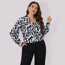 Women’s Plus Size Contrast Color Leopard Print Button Down Blouse With Round Neckline