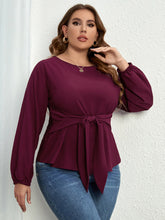 Women’ Plus Size Solid Color Puff Long Sleeve Tie Waist Top