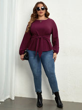 Women’ Plus Size Solid Color Puff Long Sleeve Tie Waist Top
