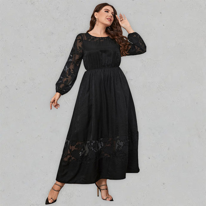 Women’s Solid Color Plus Size Lace Puff Sleeve Flared Skirt Maxi Dress