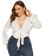 Women’s Solid Color Plus Size Front Tie Balloon Sleeve Crop Top