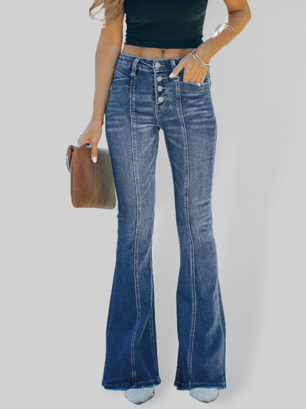 Women's Four Button High Waist Flare Front Seam Jeans
