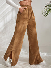 Women's Solid Color Elastic Waistband Corduroy Wide Leg Slit Trousers