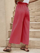 Women's Solid Color Elastic Waist Linen Belted Wide Leg Pants