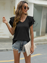 Summer new solid color V-neck double layer ruffled sleeve loose top t-shirt
