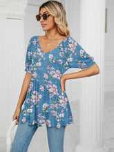 Spring and summer new v-neck printed t-shirt bubble short-sleeved tunic top