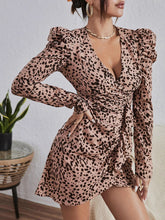 Women's Leopard-print Puff-sleeve Faux-wrap Mini Dress