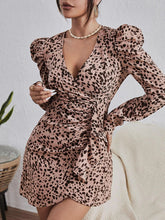 Women's Leopard-print Puff-sleeve Faux-wrap Mini Dress