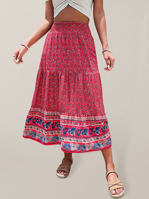 Women's Bohemian Print Pull-on Tiered Linen Blend Maxi Skirt