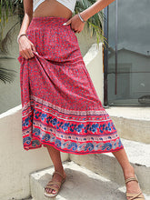 Women's Bohemian Print Pull-on Tiered Linen Blend Maxi Skirt