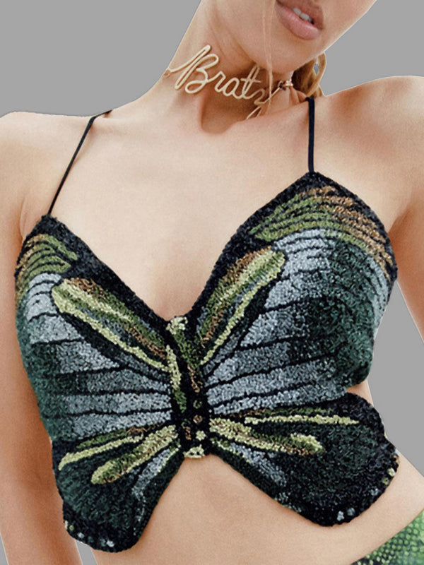 Women's halter neck tie printed butterfly tank top