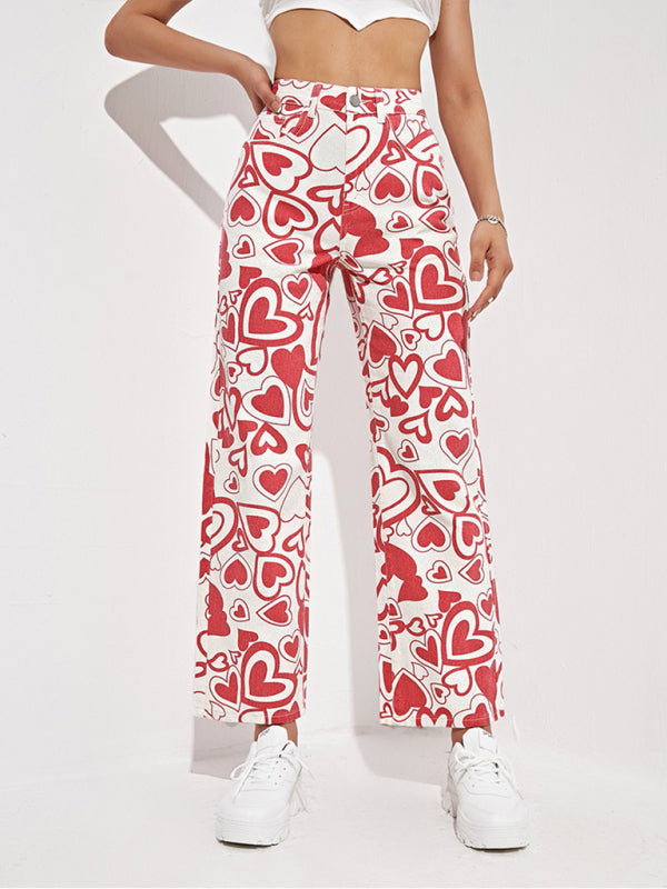 Women's Loose Love Print Straight Denim Trousers