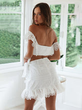 Women's Solid Color Lace Off-shoulder Top And Raffle Skirt Match Set