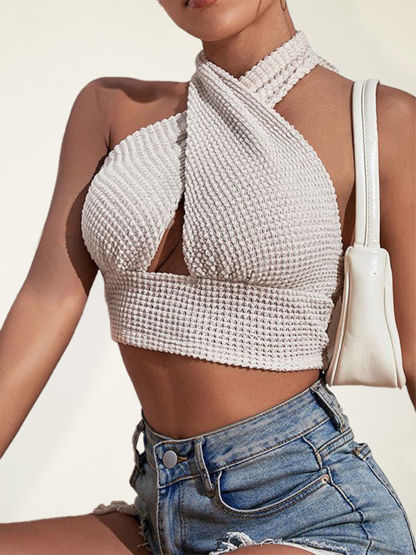 Women's Solid Color Backless Waffle Cutout Crop Top