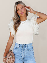 Women's Solid-color Mesh Sheer Ruffled Flutter-sleeve Knit Top