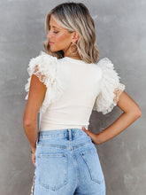 Women's Solid-color Mesh Sheer Ruffled Flutter-sleeve Knit Top