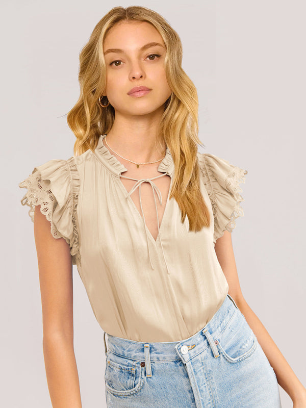 Women's Solid Color Ruffled Tie-neck Ruffled Lace Flutter-sleeve Blouse