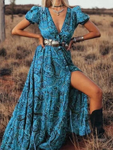 Women's Sexy Printed V-Neck Short Sleeve Bohemian Resort Dress