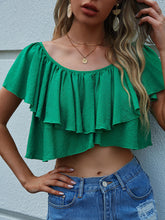 Women's Solid Color Short Sleeve Cropped Ruffle Blouse