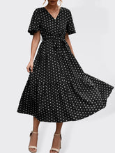 Women's Polka Dot Print V-neck Fluttery Sleeves Faux Wrap Tiered Midi Dress