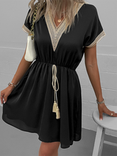 Women's V-neck Waist Tie Short Sleeve Lace Trim Mini Dress
