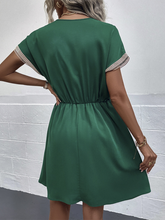 Women's V-neck Waist Tie Short Sleeve Lace Trim Mini Dress