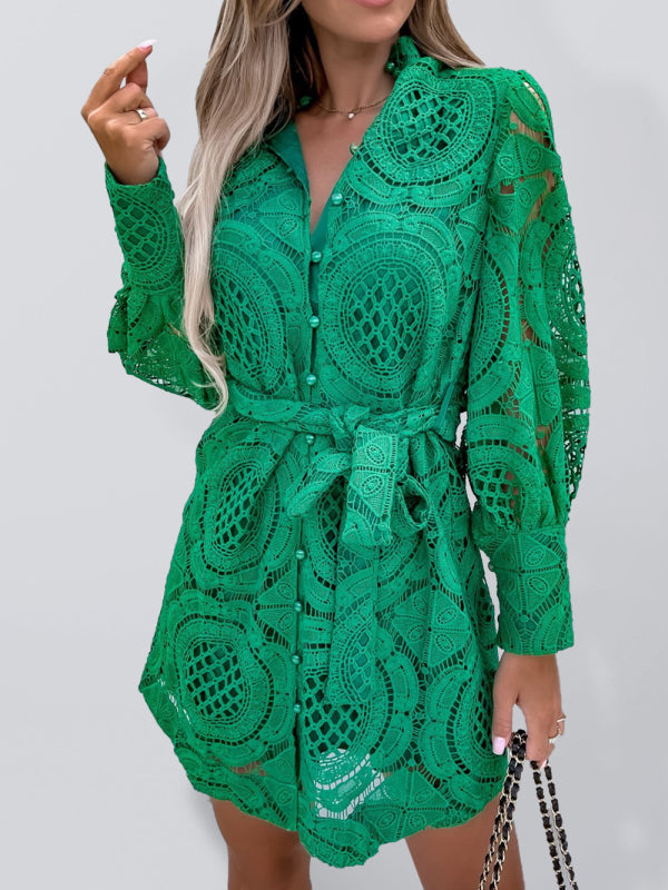 Women's Solid Color Lace-detail Long Sleeve Shirtdress