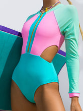 Women's Color Block Front Zip Wave Long-sleeve Cutout Design Paddle-swimming Suit