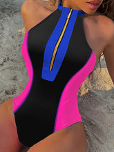 Women's Color-blocked Zip-front One-piece Swimsuit