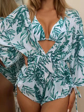 Women's Tropical Print Bikini Deep V-neck Long Sleeve Three Pieces Set