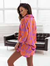 Women's Bright Printed Long Sleeve Notch Collar Top And Short Set