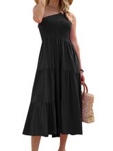 Women's Solid-color One-shoulder Smocked Tiered Midi Dress