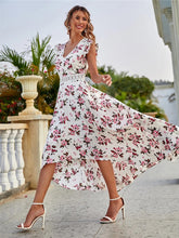 Women's Floral Print V-neck Flutter Sleeve High-low Chiffon Dress
