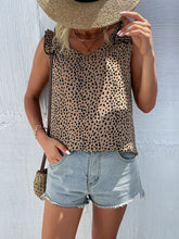 Women's V-neck Leopard Print Sleeveless Ruffle-trim Blouse