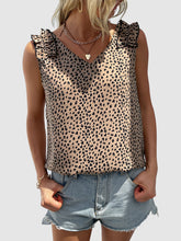 Women's V-neck Leopard Print Sleeveless Ruffle-trim Blouse