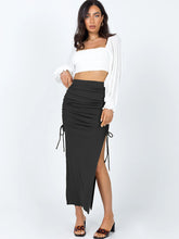 Women's Solid Color Side Lace Knit Ruched Mid Skirt