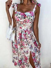 Women's Floral Print Sweetheart Neckline Tie Shoulder Tiered Maxi Dress