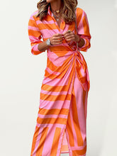Printed Lantern Sleeve Tie Slit Lapel Dress Contrasting Color Mid Length Skirt
