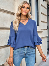 Women's Solid Color Ruffle Sleeve V-neck Blouse