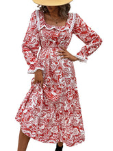 Women's Woven Square Neck Long Sleeve Printed Dress