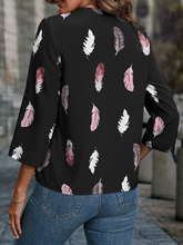 Women's Woven V-Neck Feather Print Cropped Sleeve Loose Blouse