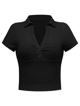 Women's Knitted Vintage Cropped Polo Neck Short Sleeve Casual T-Shirt