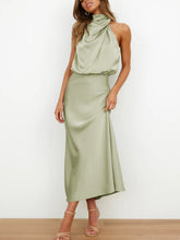 Women's woven halter neck high-quality satin strap slim-fit celebrity mid-length dress