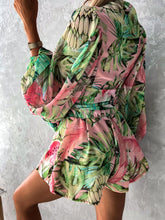 Women's woven floral long-sleeved shorts V-neck tropical rainforest jumpsuit