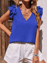 Women's Solid Color Ruffle Short Sleeve V-neck Top
