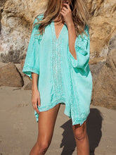Cotton and lace beach dress  V-neck vacation sunscreen shirt bikini overshirt