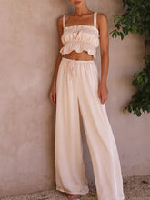 Women's Solid Color Ruffle Crop Top With Matching Wide-leg Pants